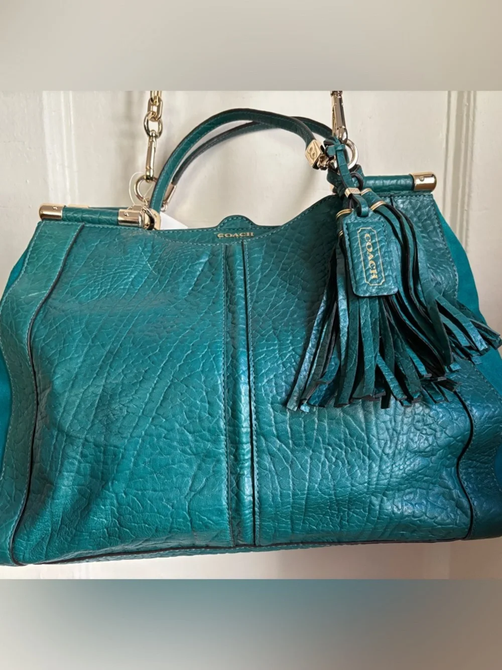 Coach Teal Green Leather Tassel Shoulder Bag
